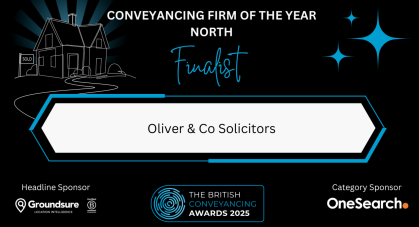 Document certifying that Oliver & Co Solicitors has been shortlisted as conveyancing firm of the year - North for the British Conveyancing Awards 2025.