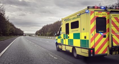 British,Ambulance,Responding,To,An,Emergency,In,Hazardous,Bad,Weather